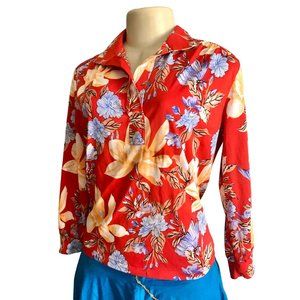 Vintage 1970s Women Floral Top in red orange blue size L M 70s fashion handmade